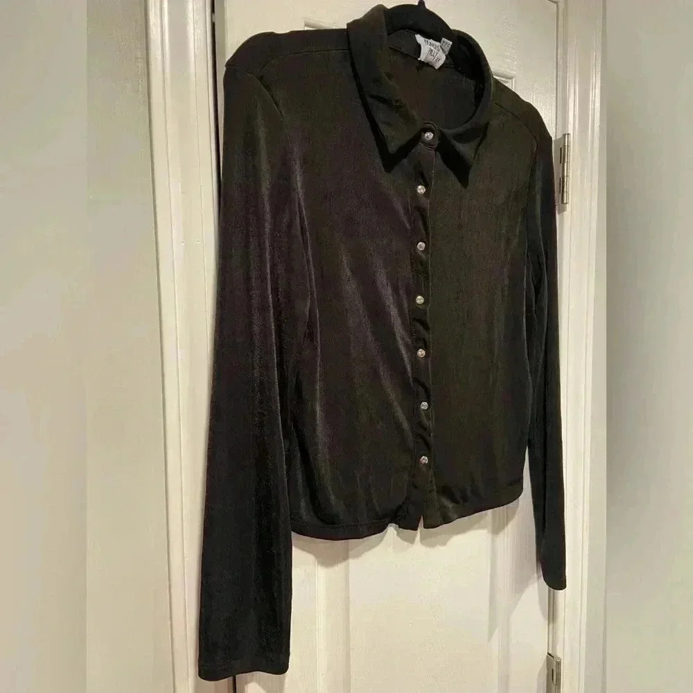 Princess Polly Black Stretchy Snap Front Long Sleeve Collared Top Size 12 - Picture 6 of 11